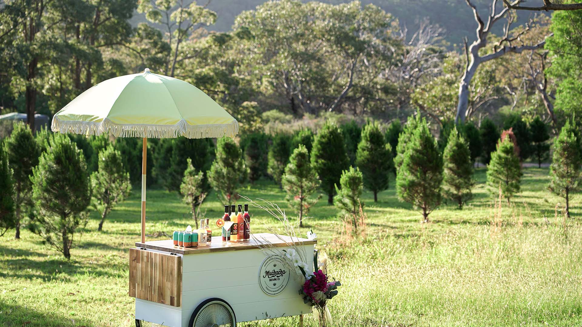 Vintage cocktail cart with a yellow umbrella in a park setting