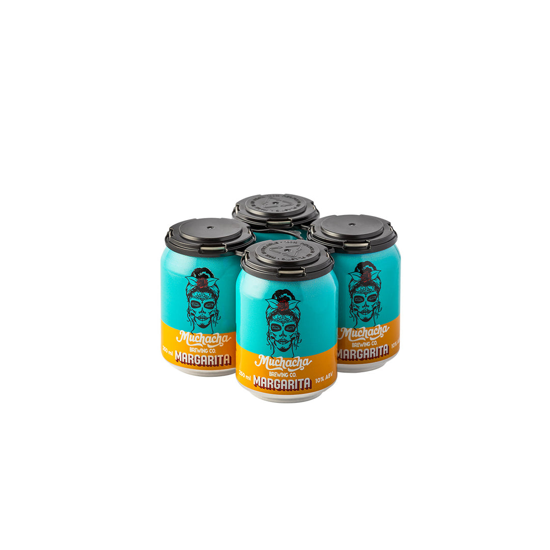 Four cans of Margarita with a blue and orange design on a white background