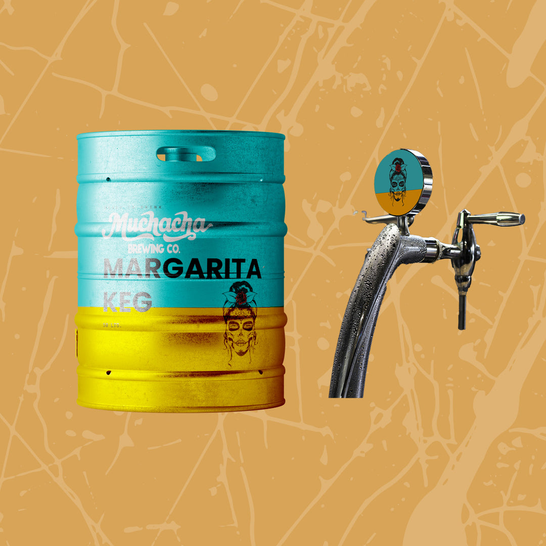 Margarita keg with a tap on an orange background