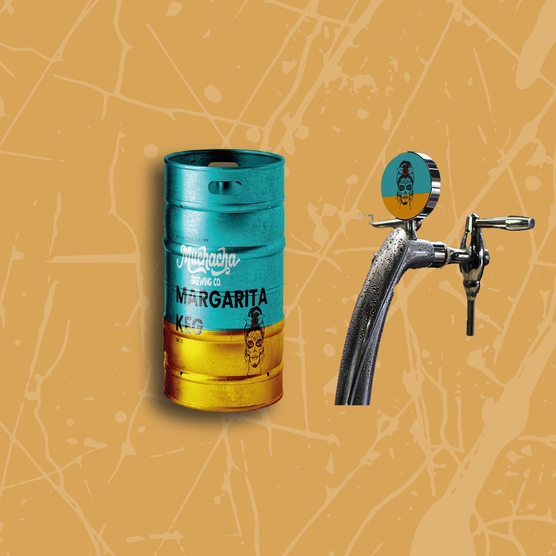Margarita keg with a tap on a textured yellow background