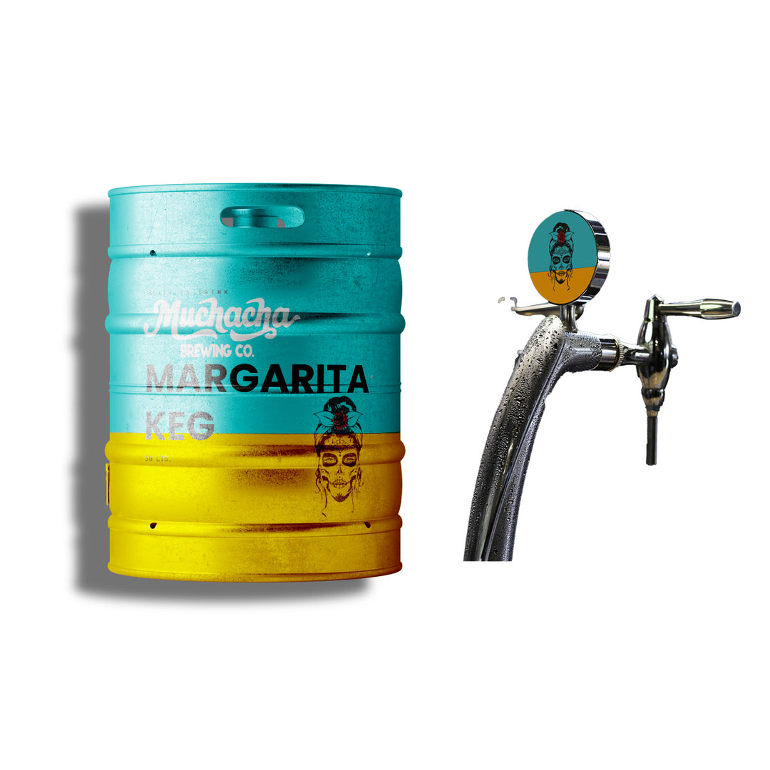 Teal and yellow Margarita keg with a tap on a white background