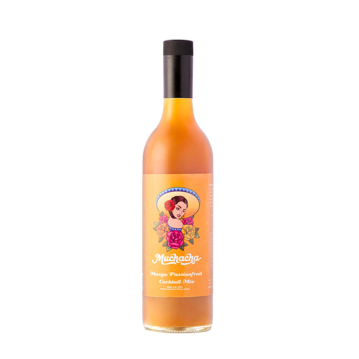 Bottle of Muchacha Mango Passionfruit Cocktail Mix on a white background