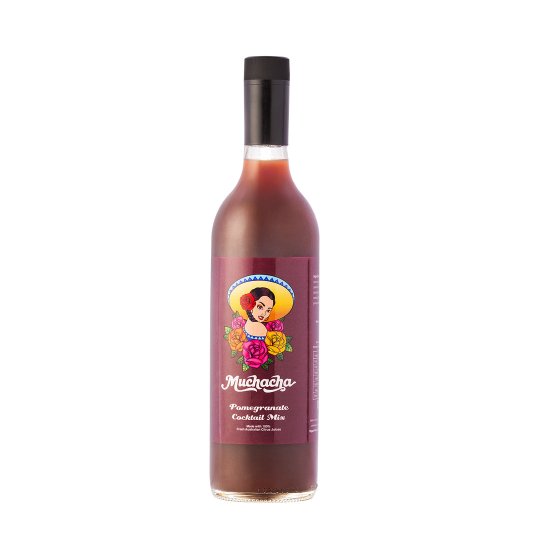Bottle of Muchacha Pomegranate Cocktail Mix on a white background