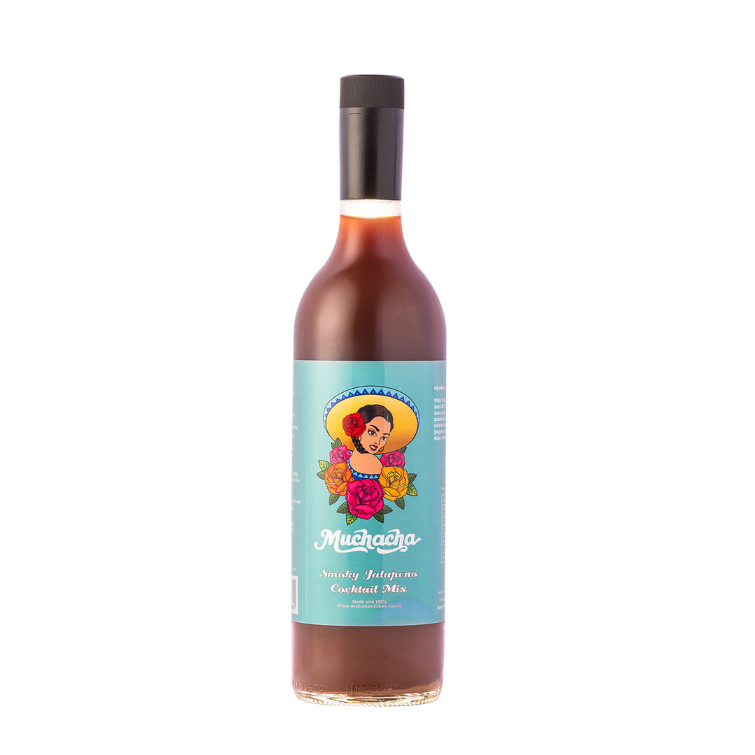 Bottle of 'Muchacha' cocktail mix with colorful label on a white background